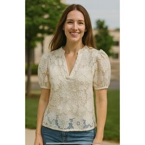 CONNIE ROBERSON BLOUSE TOP LACE FLORAL PUFF SLEEVE DAINTY FEMININE WHITE XS